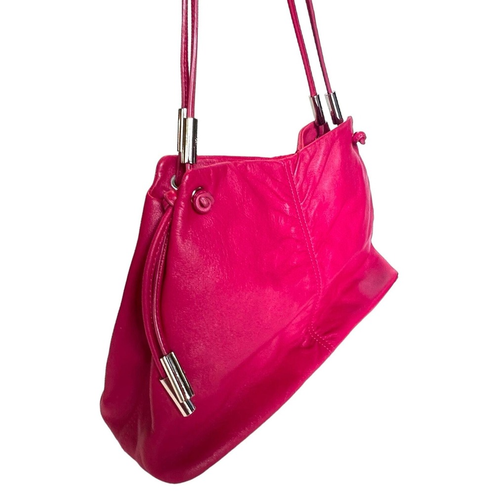 Etienne Aigner Shoulder Bag Medium Hot Pink Leather Ruched Silver Tone Hardware - Picture 4 of 8
